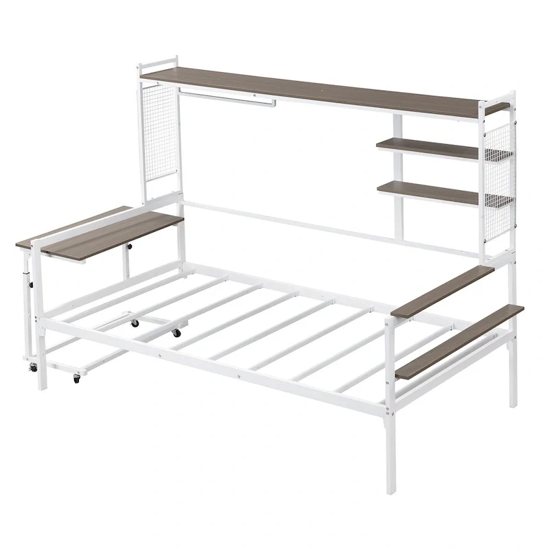 Metal Daybed with Movable Desk, Shelves and Clothes Hanger