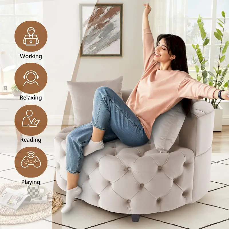 Velvet Modern Leisure Big Classical Barrel Chair with 2 Pillows