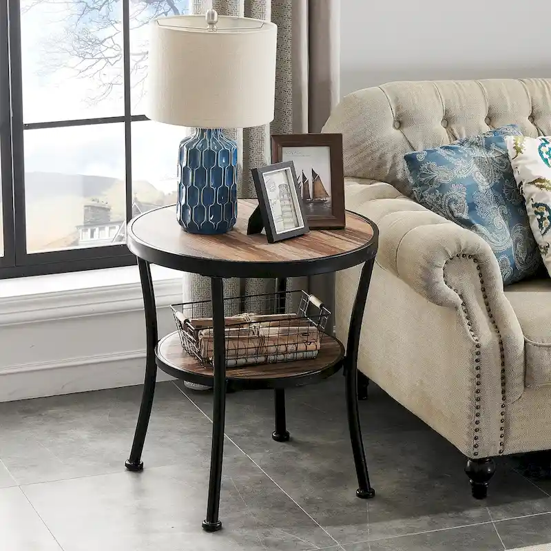 Rustic Round End Table with Storage