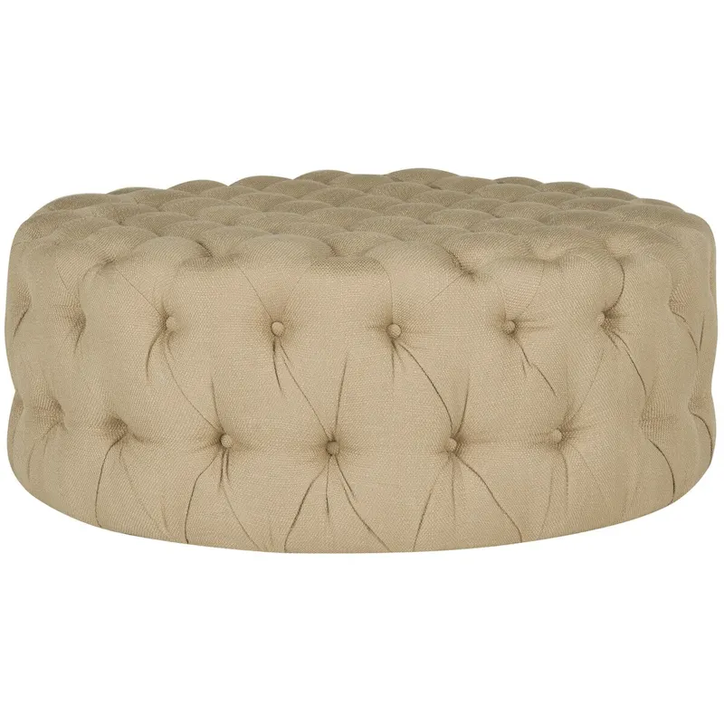 Round Button-Tufted Linen Ottoman – Mushroom / Grey / Antique Gold / Wheat / Bordeaux / Navy / Taupe, Single