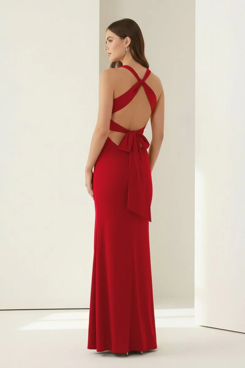 Pink Halter Mermaid Pleated Open Back Long Prom Dresses