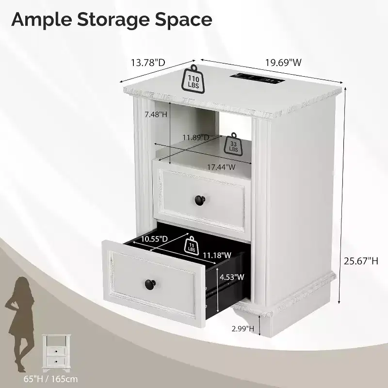 VINGLI 19.7 W Nightstand with Charging Station, White Nightstand with Drawers, Wood Night Stand