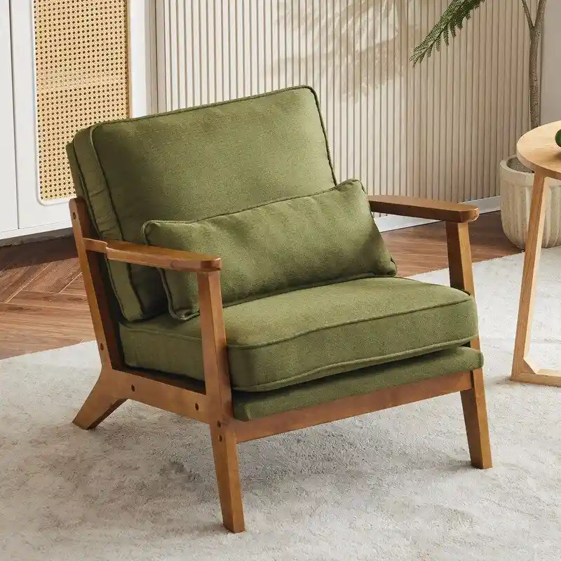 Upholstered Linen Blend Accent Chair with Wooden Legs and Pillow, Beige