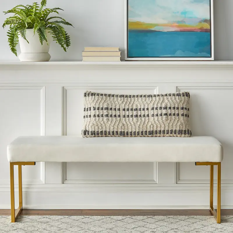 Velvet Upholstered Bench with Foam Cushion & Gold-Tone Metal Sled Legs – Grey / White / Blue / Dark Green, Single