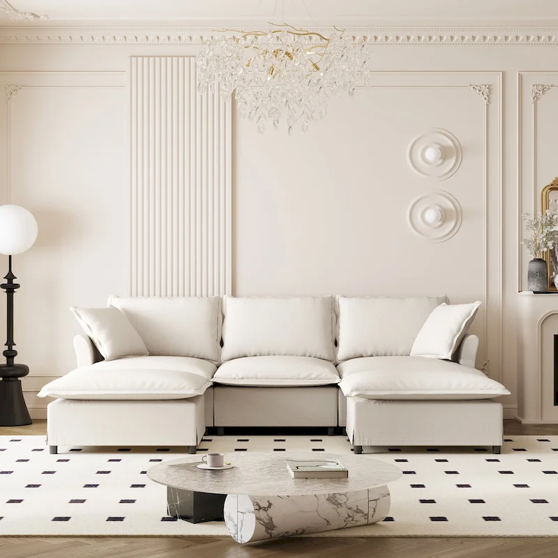 U Shaped Cloud Couch Chenille Sectional Sofa w/Ottoman, Pillows