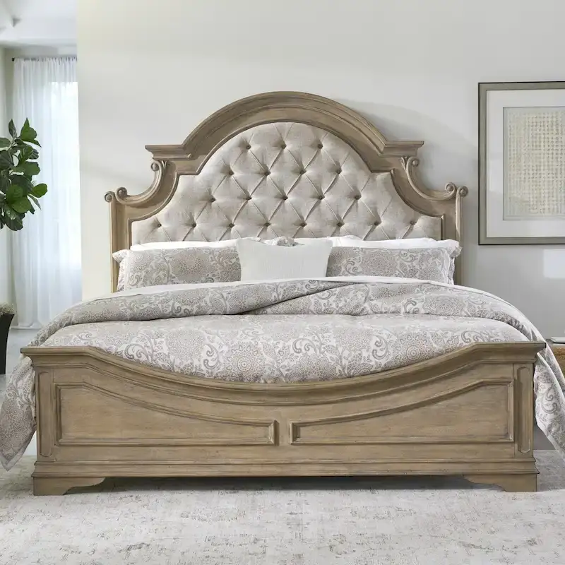 Tufted Tweed Upholstered Panel Bed with Arched Headboard – Weathered Bisque, European Traditional Style