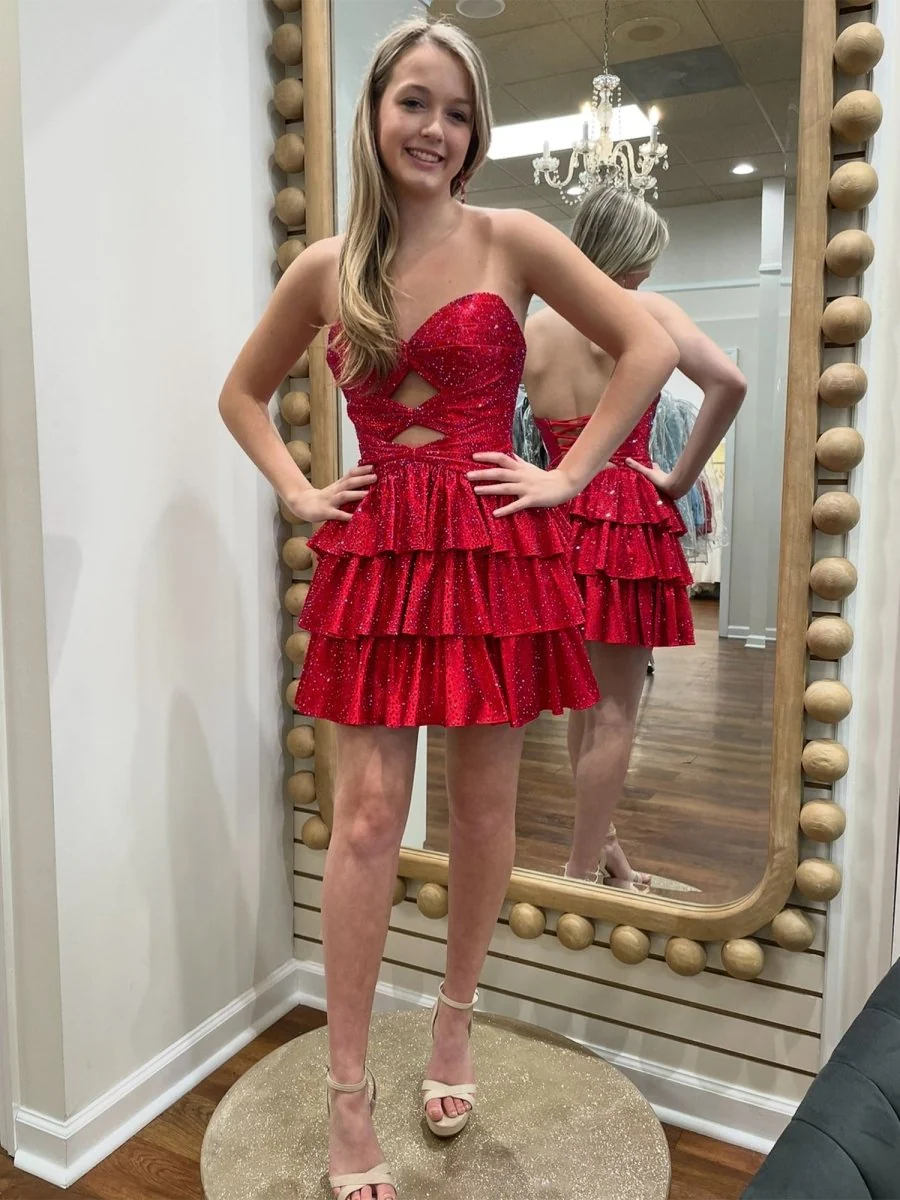 Red - A Line Sweetheart Satin Cut Out Ruffled Homecoming & Cocktail Dresses with Beads