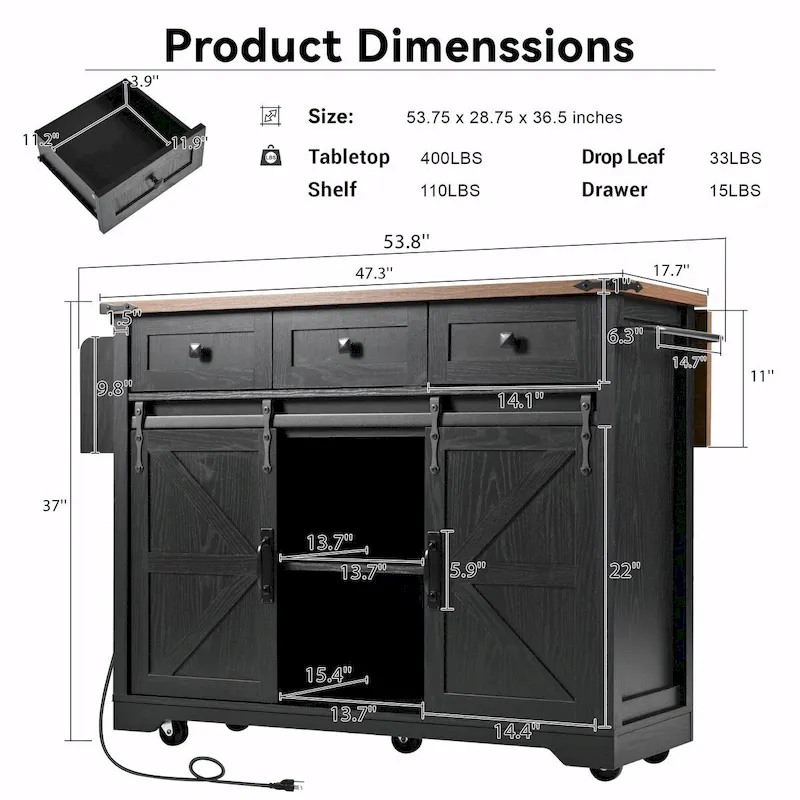 53.5 Farmhouse Kitchen Island with Power Outlet, Drop Leaf, Spice Rack, Drawer, and Wheels