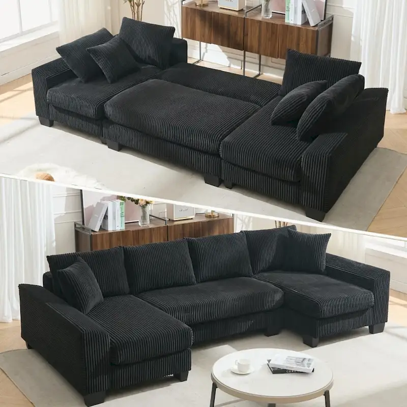 Grey/Black, Black, Beige Corduroy U-Shaped Pull-Out Sofa Bed, Seats 4