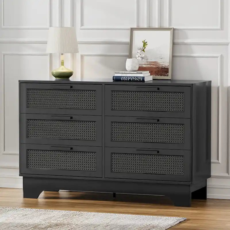 Anmytek Modern Black 6-Drawer Double Dresser for Bedroom Wood Rattan Chest of Drawers