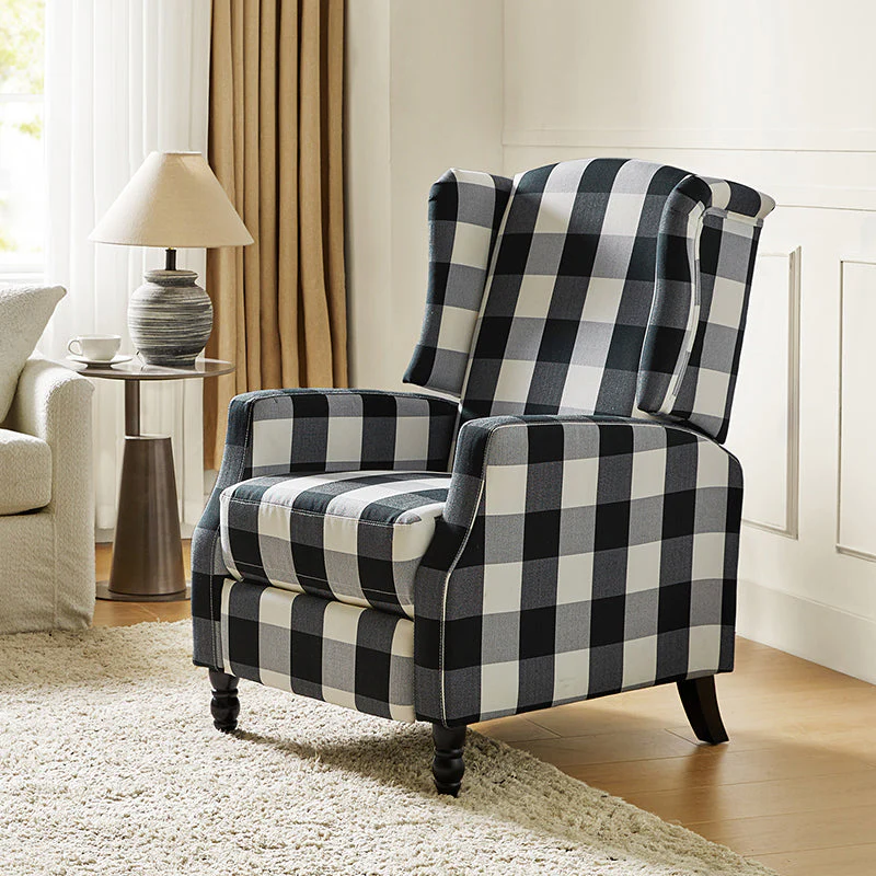 Patterned Wingback Push-Back Recliner Chair with Foam Seat, 2-Position Lock & Birch Wood Legs | Black / Navy / Red / Garden / Indigo / Beige / Bird | Single Seat