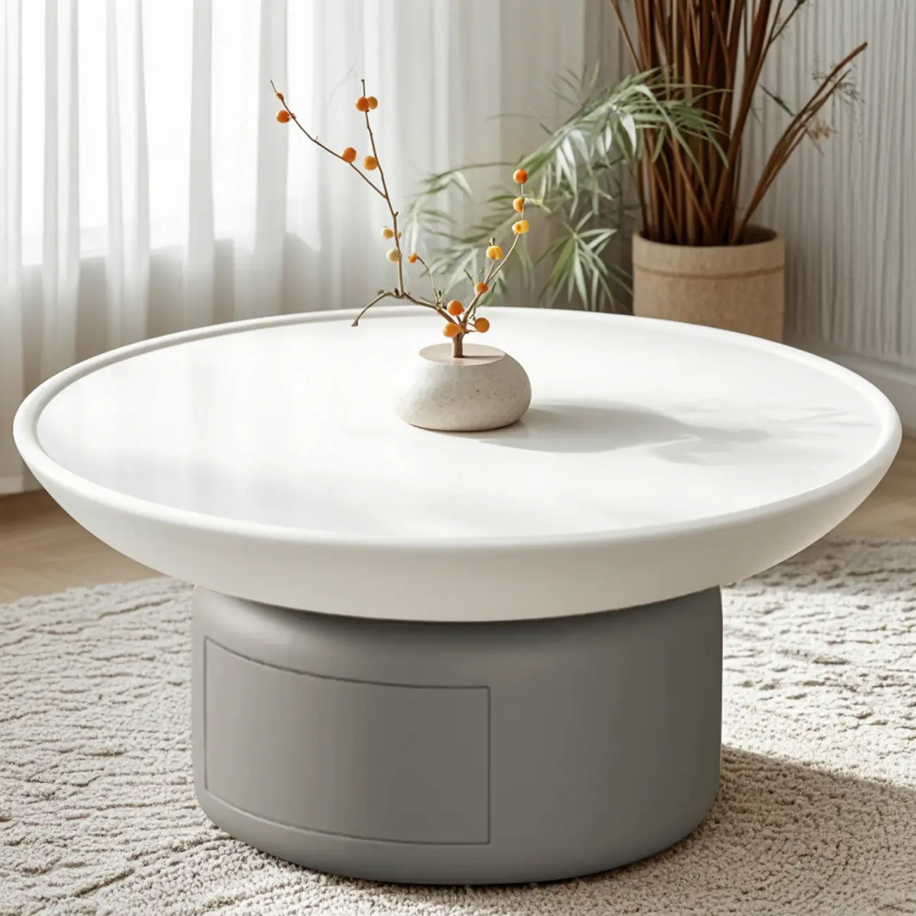 Gray White Round Minimal Wood Coffee Table with Drawer