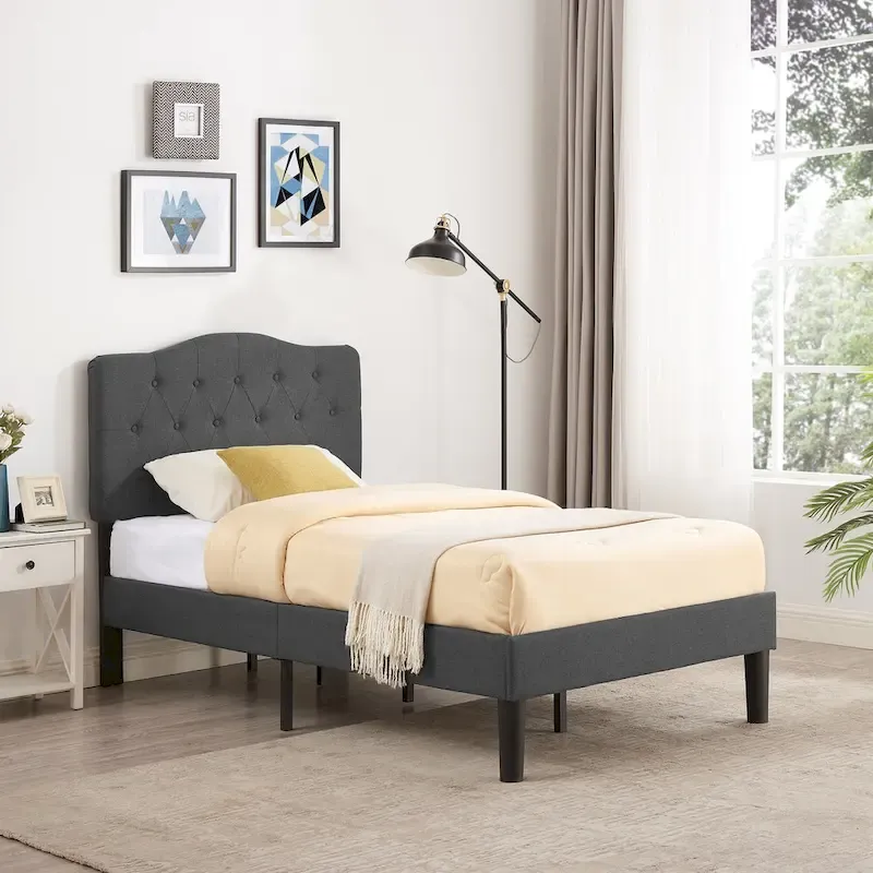 VECELO Modern Upholstered Bed with Height Adjustable Tufted Headboard ,Dark Grey