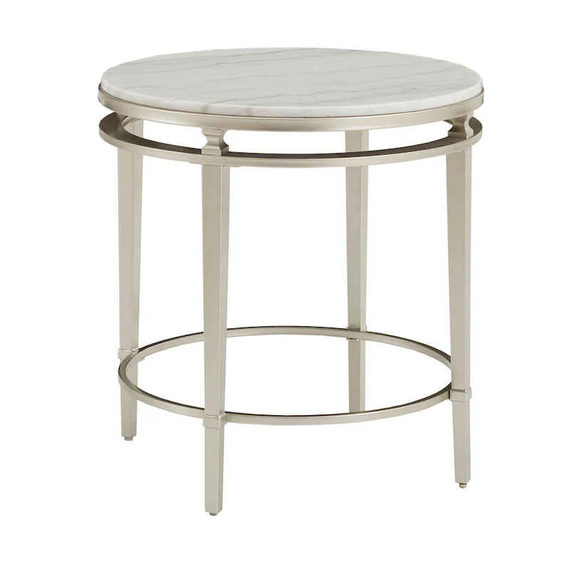 Egan Champagne Silver Finish Round Marble Top End Table by