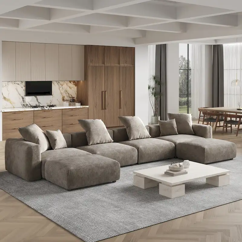 Large U-Shape Linen Reversible Modular Seating Component Sectional with 2 Ottoman