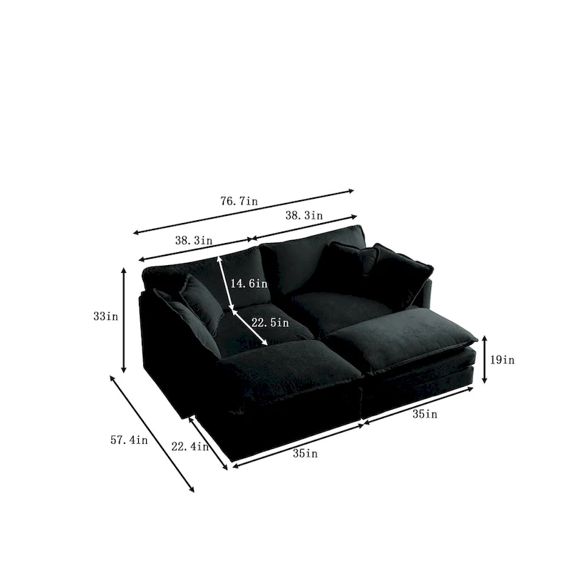 Black 4-Piece Chenille Modular Sectional Sofa with Loveseat & Ottomans