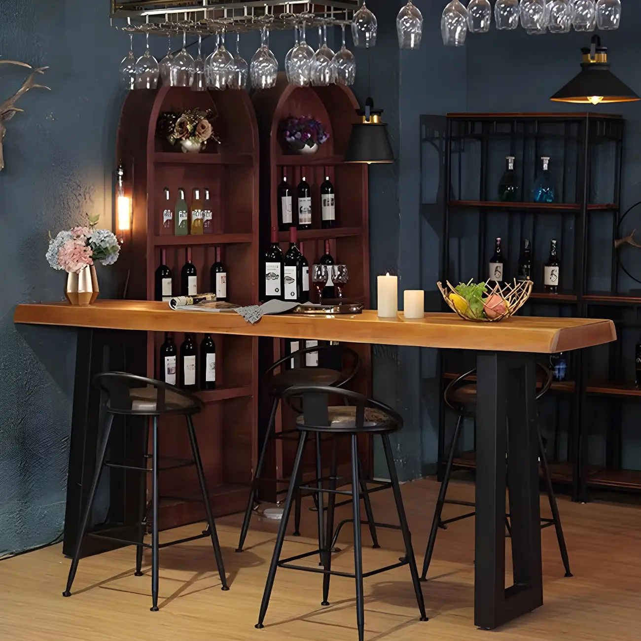 Industrial Brown Pine Rectangular Bar Table with Metal Sled Base