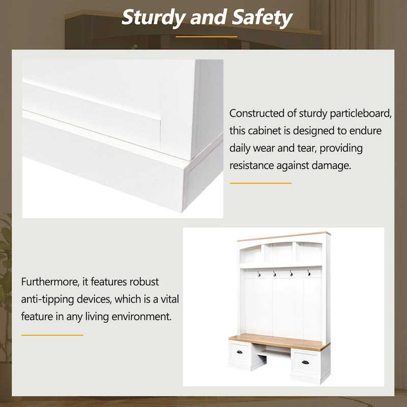 Farmhouse Hall Tree with Wood Grain Bench, Hooks and Bottom Cabinets