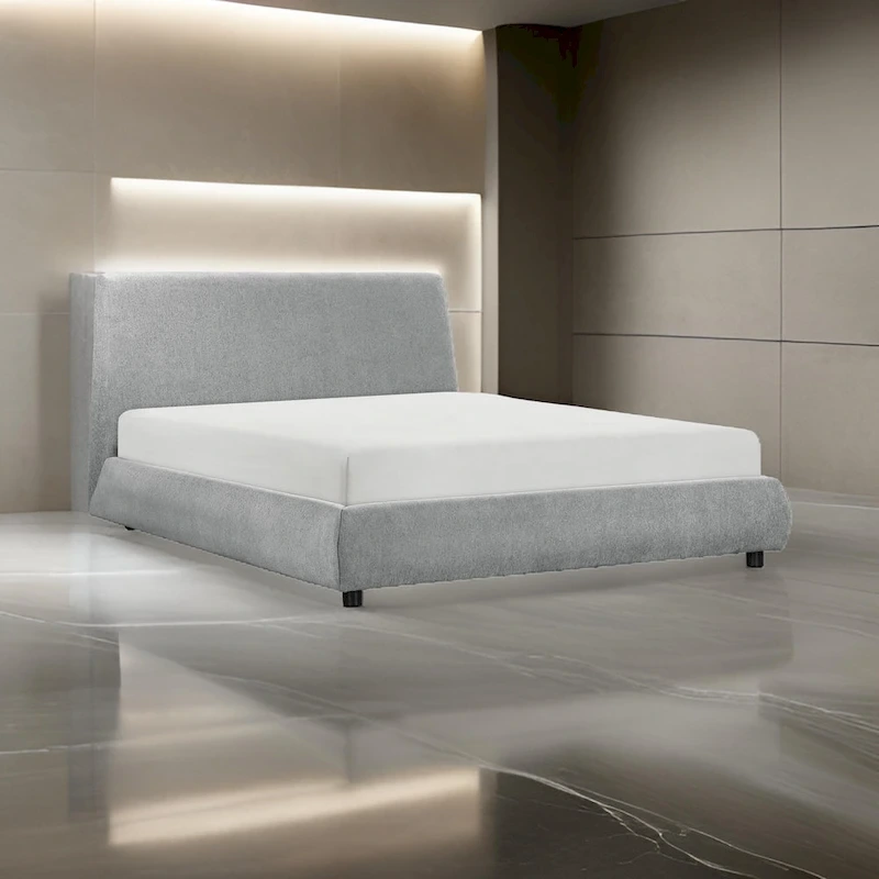 Ford Queen Size Platform Bed, Low Profile, Gray Chenille Fabric Upholstery