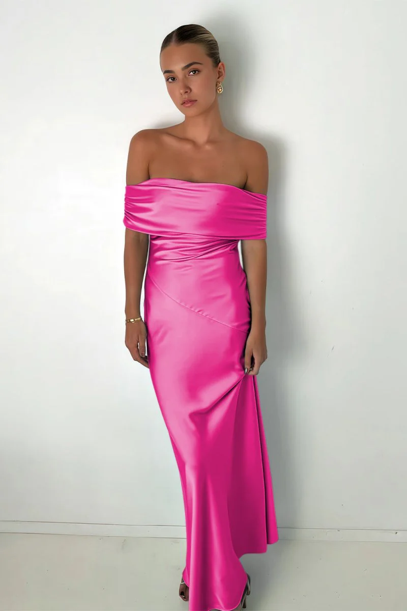 Aqua Sheath Off The Shoulder Satin Long Prom Dresses