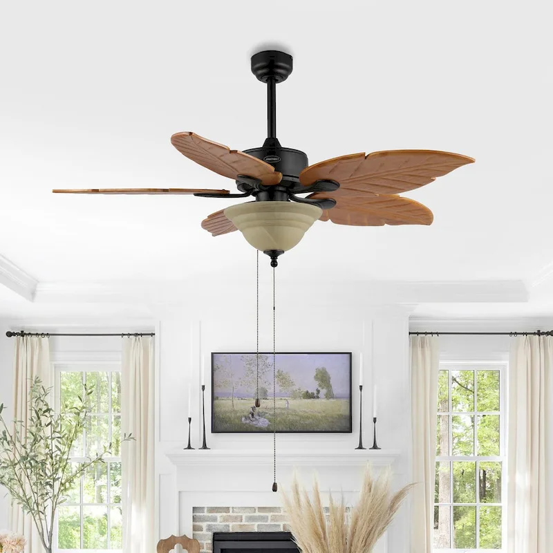 Owen 52  3-Light Coastal Bohemian Iron/Wood Palm Leaf LED Ceiling Fan with Pull Chain, by JONATHAN Y