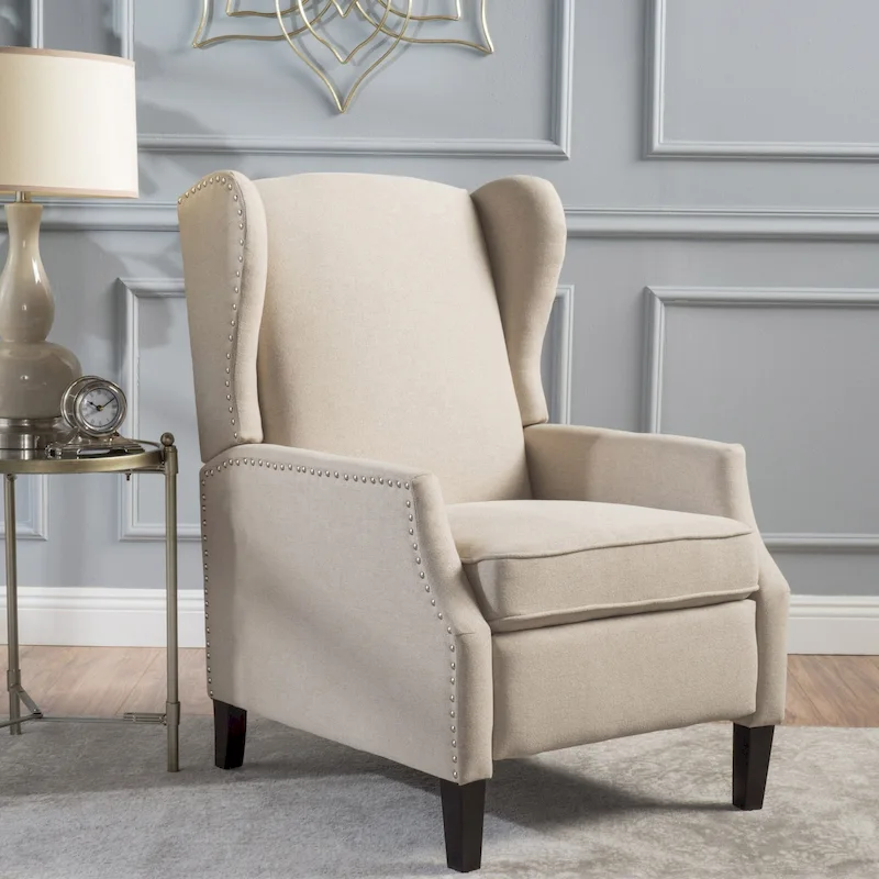 Fabric Wingback Pushback Recliner Club Chair with Nailhead Trim – Navy Blue / Gray / Red / Charcoal / Wheat, Single