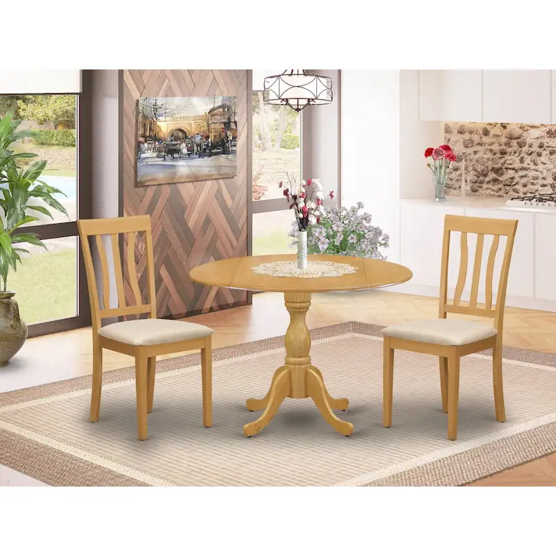 Oak Round Dropleaf Dining Table Set with Linen Chairs, Seats 2–4
