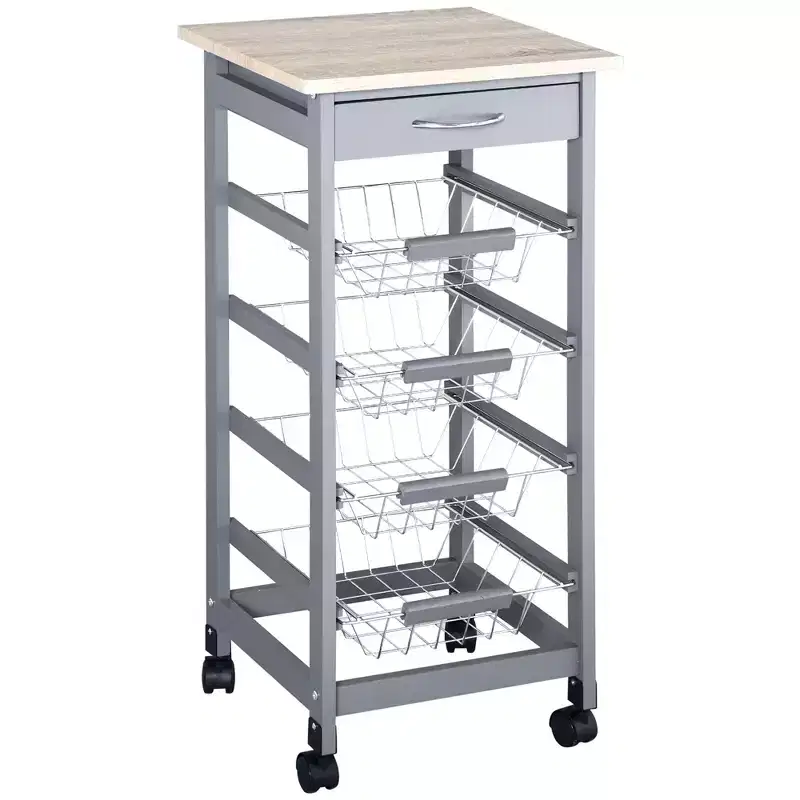 HOMCOM 32.25 Wooden Rolling Kitchen Storage Cart, Kitchen Island with Storage Drawer and Baskets on 360 Swivel Wheels