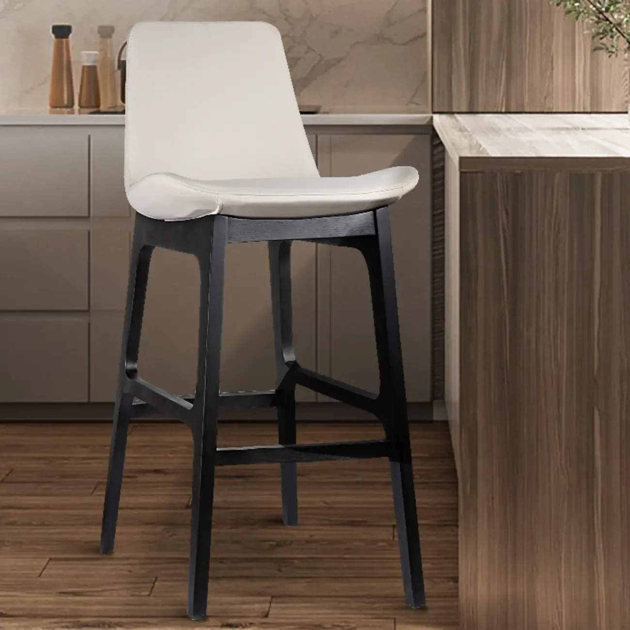 White Ash Wood Bucket Leather Counter Stools For Kitchen Island