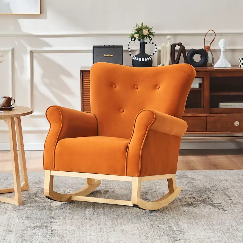 High Back Tufted Velvet Rocking Chair — Orange / Pink / Grey / Beige / Purple / Black, Single