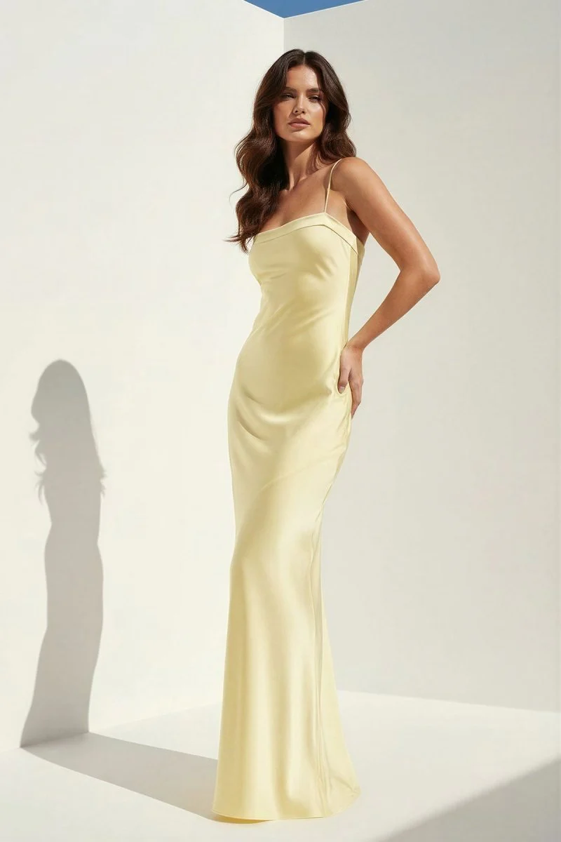 Yellow Spaghetti Straps Sheath Satin Open Back Long Prom Dresses