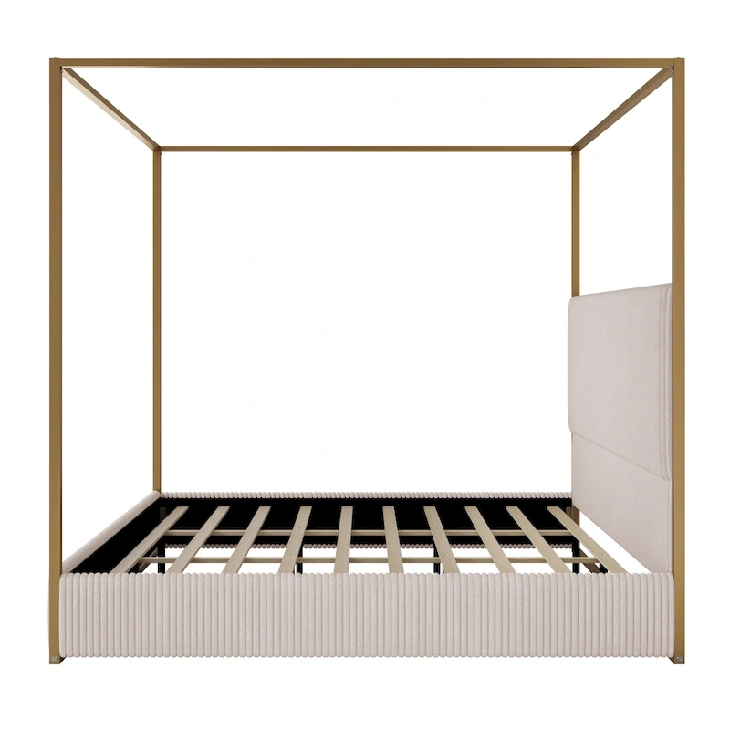 Modern Luxury Metal Canopy Bed with Tall Upholstered Headboard & Four Poster