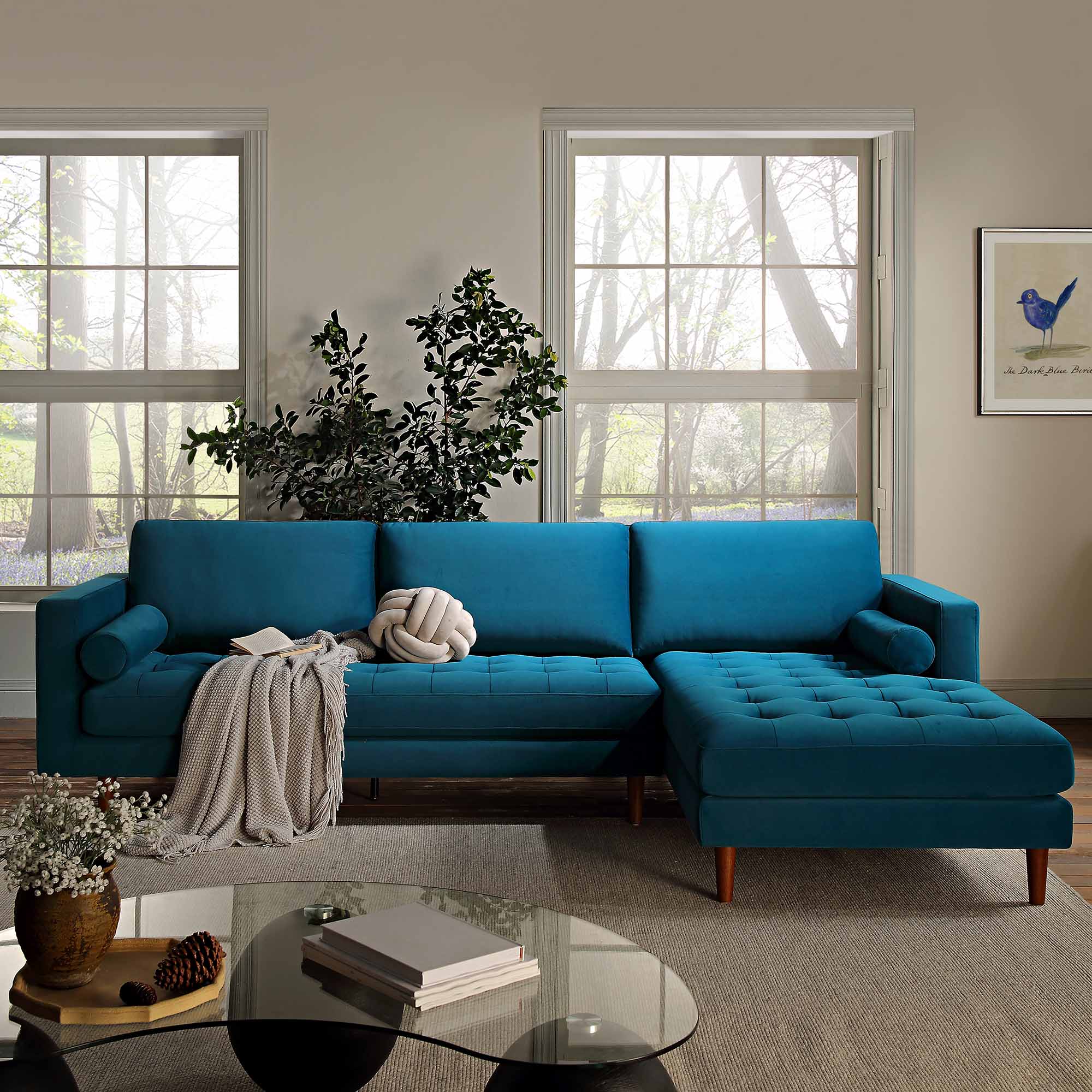 Teal Velvet 4-Seater Right Chaise Sofa, 105