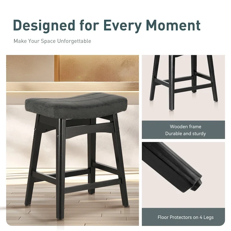 24 Inch Solid Wood Barstools with Linen / PU Leather Fabric Cushion, Set of 2