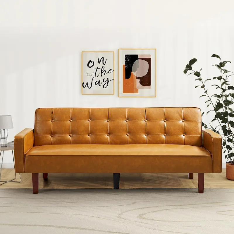 Faux Leather Futon Sofa Bed Sleeper Couch, Mid Century Button Tufted Upholstered Convertible Sofa Bed with Wooden Legs