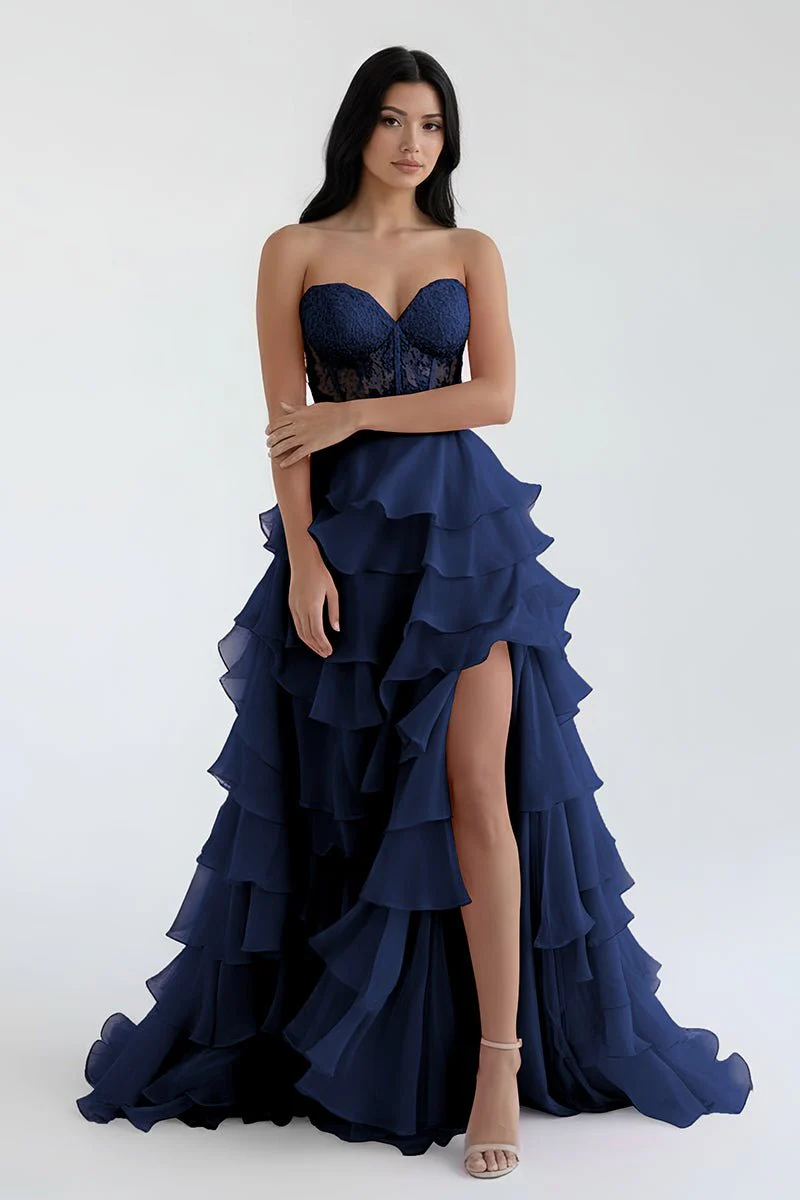 Royal Blue Chiffon Sweetheart Ruffle Tiered Long Prom Dress