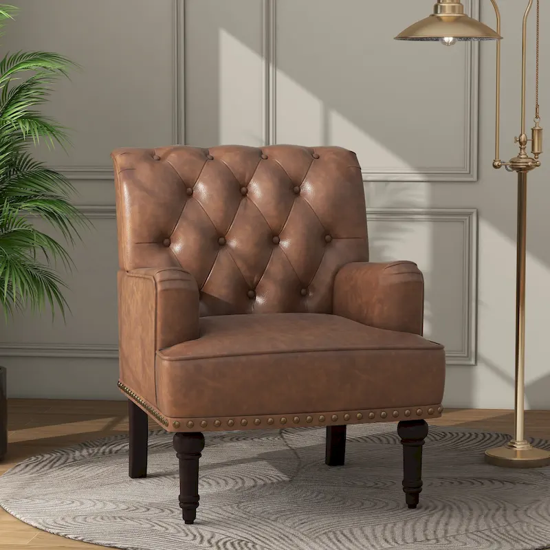 Button-Tufted PU Leather Accent Chair with Nailhead Trim – Beige / Brown / Black, Carved Legs, Seats 1