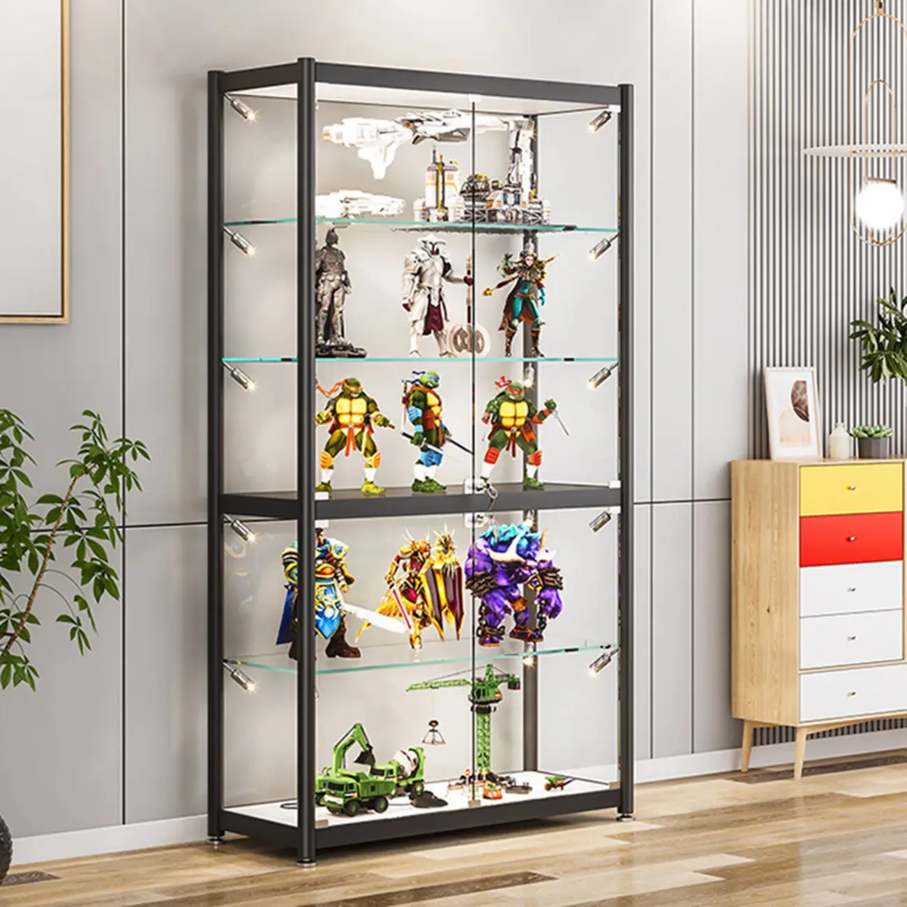 Adjustable Black Glass Storage Curio Cabinet with Lights
