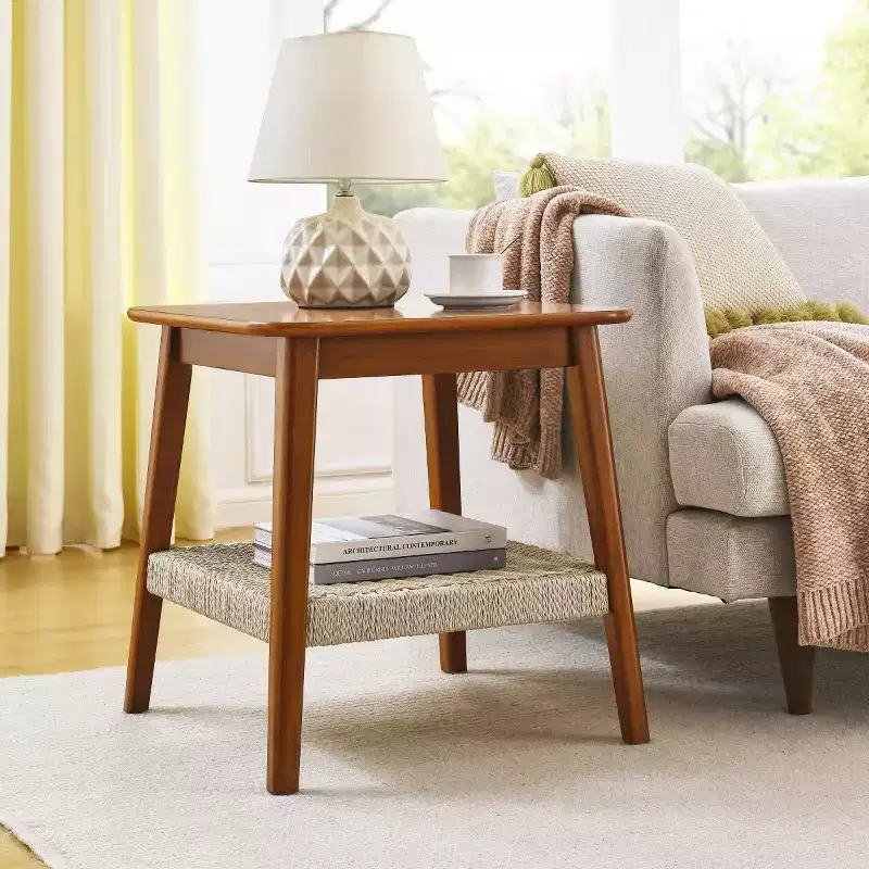 23 Mid-Century Square End Table with Woven Open Shelf, Solid Wood Legs, 2-Tier Side Table for Living Room, Bedroom, or Office-Panipeachy