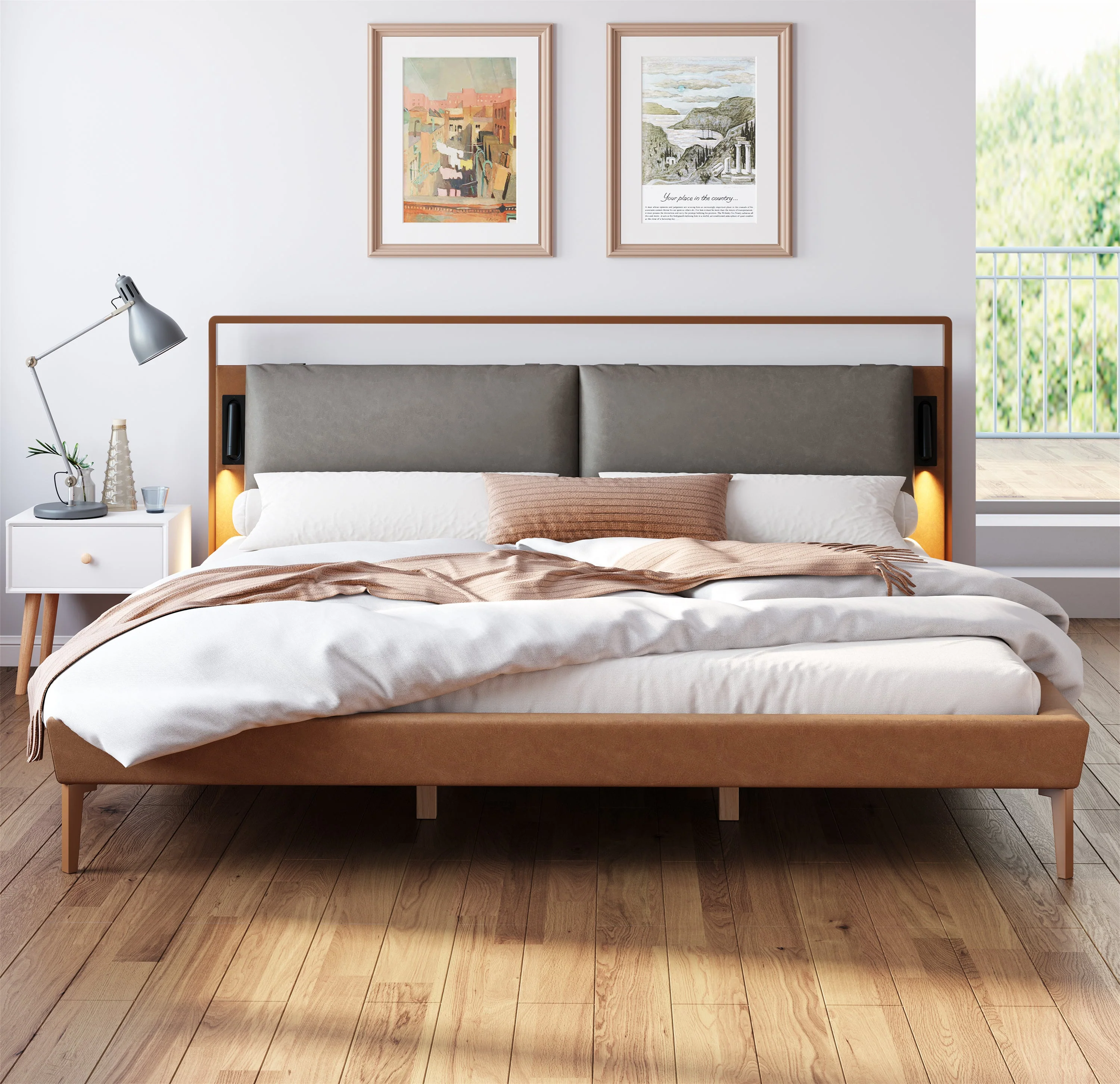 Faux Leather Upholstered King Bedframe with Night Lights