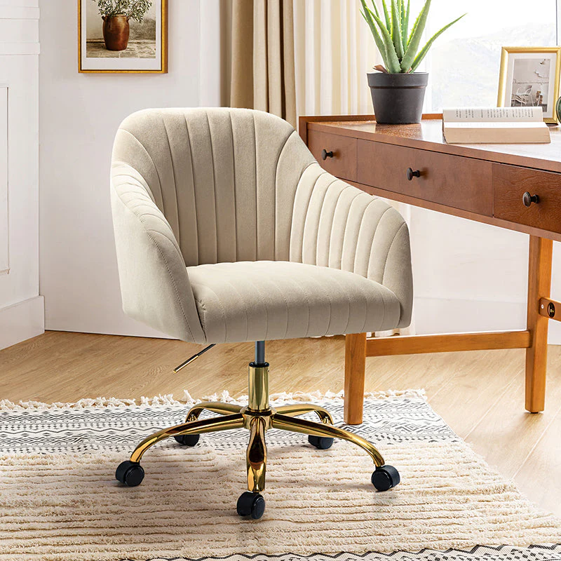 Quilted Velvet Office Chair with Open Back, Adjustable Height & Gold 5-Star Metal Base | Teal / Pink / Tan / Green / Black / Blue / Purple / Grey / Ivory / Navy / Fuchsia | Single Seat
