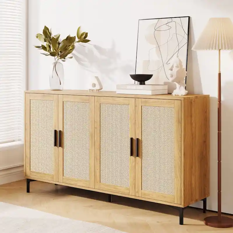 JASIWAY Buffet Table Kitchen Sideboard with Rattan Decorated Doors
