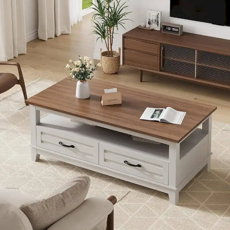 Farmhouse Coffee Table with Drawers and Open Shelf - N/A