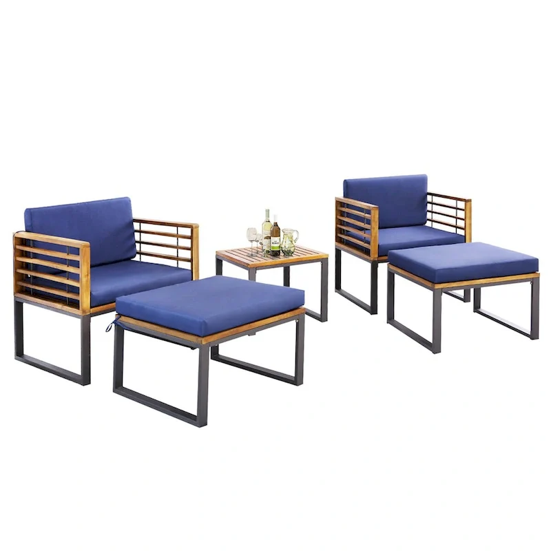 Costway 5pcs Patio Acacia Wood Cushioned Chair Ottoman Table Furniture - See Details