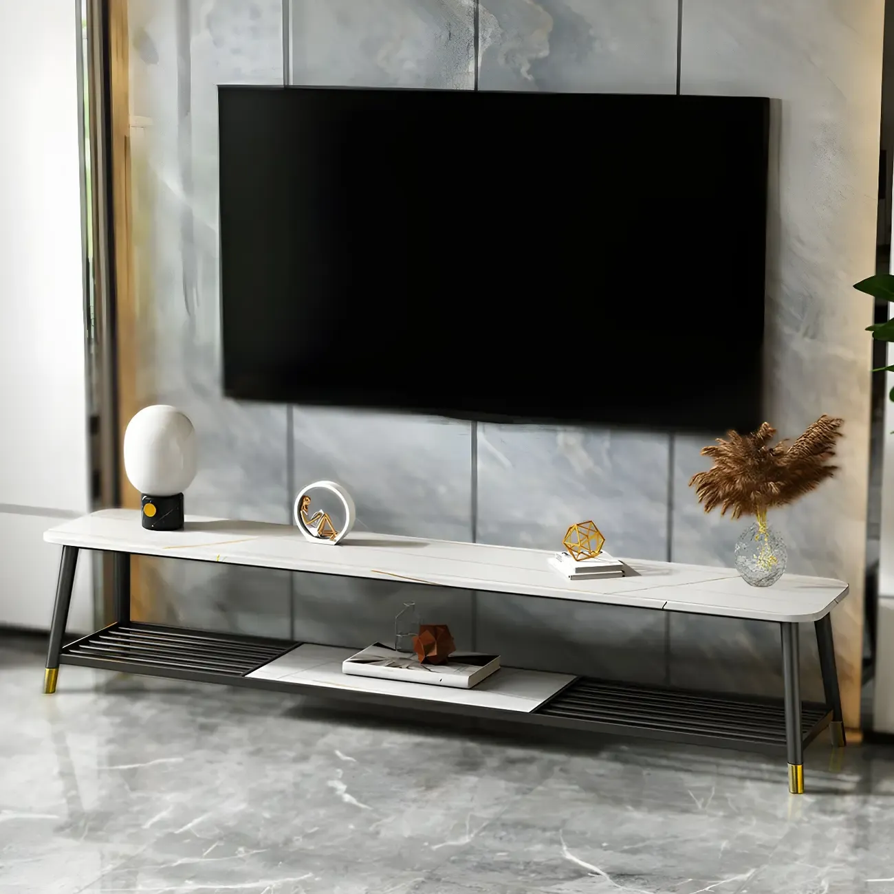 Modern White Stone TV Stand with Open Shelving