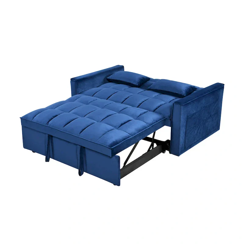 Modern Velvet Loveseat Futon Sofa Couch Pullout Bed, Small Love Seat Lounge Sofa w/Reclining Backrest, Toss Pillows, Pockets