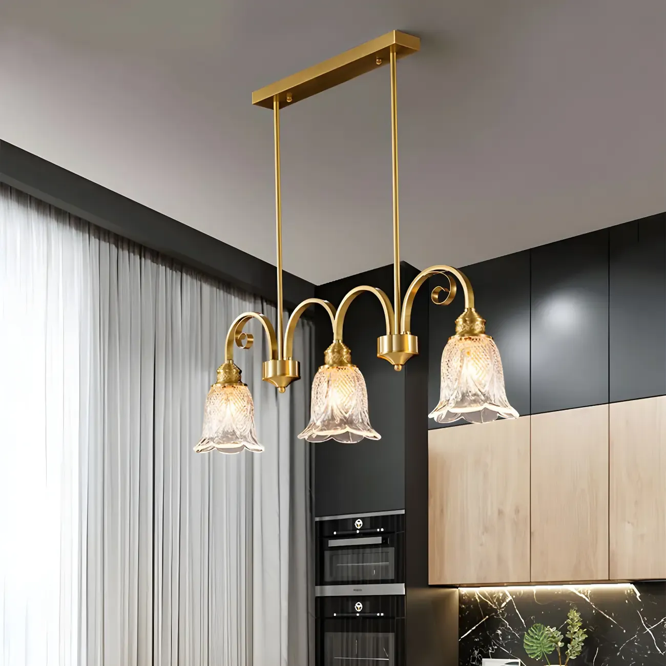 Brass Geometric Island Pendant Light with Glass Floral Shape