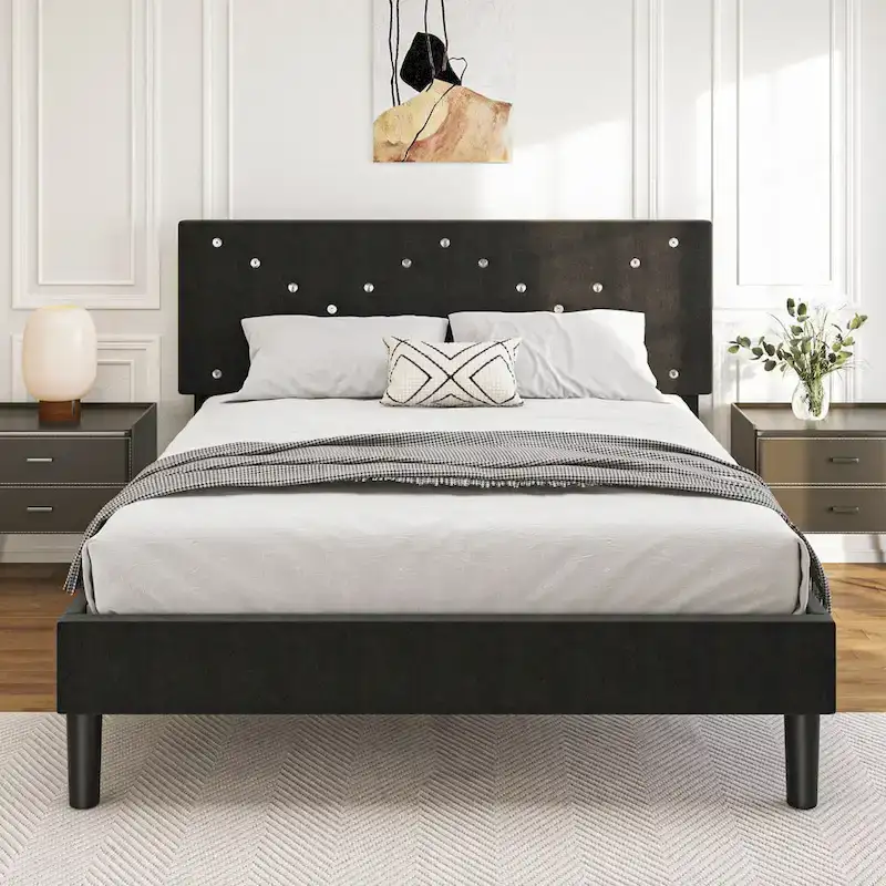 Upholstered Platform Bed with Padded Headboard - Queen Size, Black, Metal Frame