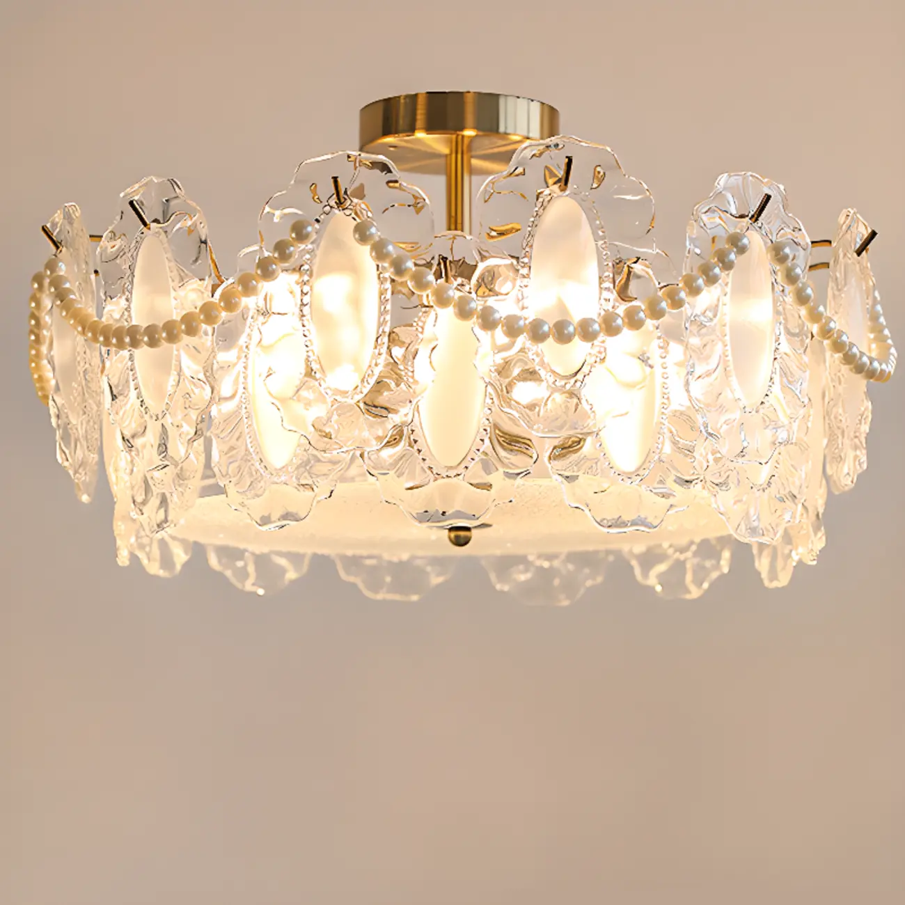 Elegant Glass Drum Shape Golden Semi Flush Light
