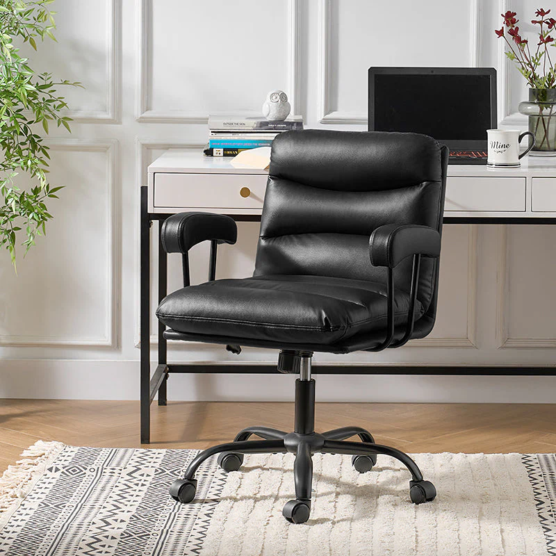 Faux Leather Ergonomic Office Chair with Adjustable Height, Swivel & Black Metal Legs | Sage / Camel / Black / Green | Single Seat